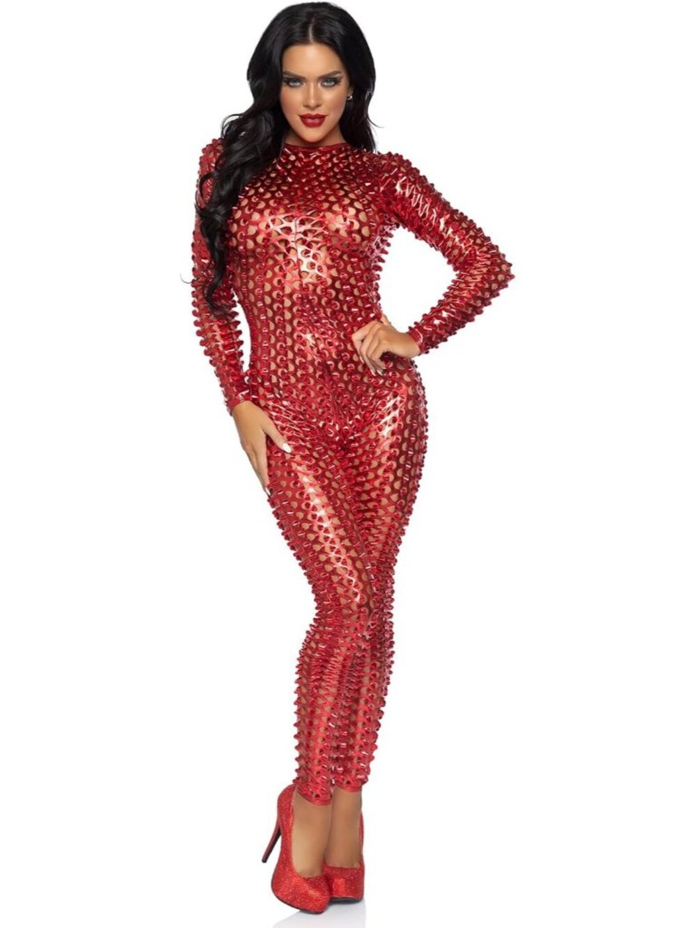 Women's Red Metallic Laser Cut Catsuit Halloween Costume Cosplay Jumpsuit
